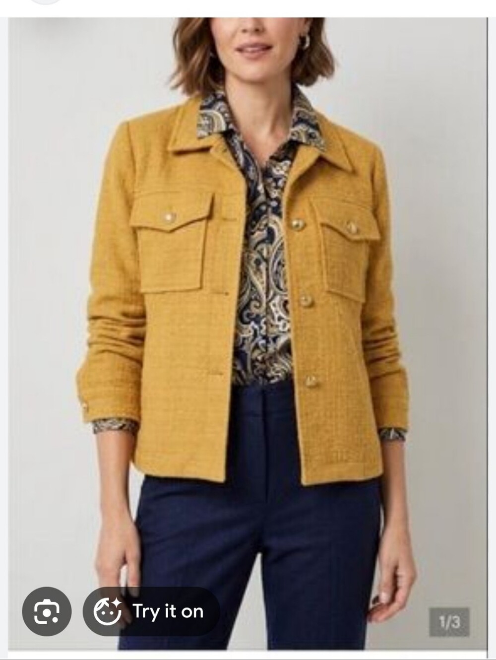 J. Jill Mustard Yellow Textured Gold Button-Front Jacket Size L petite